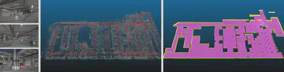 3D vectorized modeling of a large garage (left: vehicle images, middle: camera trajectory and 3D sparse map, right: 3D vectorized map)