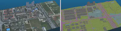 3D semantic segmentation of urban scenes (left: 3D geometric model, right: 3D semantic model)