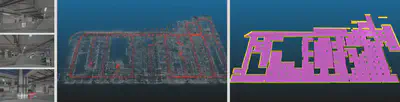 大型地下车库三维矢量建模 (左:车载图像, 中:位姿轨迹与稀疏地图, 右:三维矢量模型)