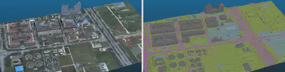 城市场景三维语义分割 (左:三维几何模型, 右:三维语义模型)